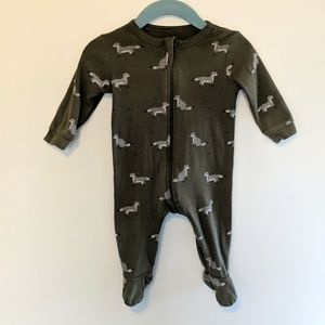 Petit Lem Fox print footed onesie, olive and grey, size 3 months